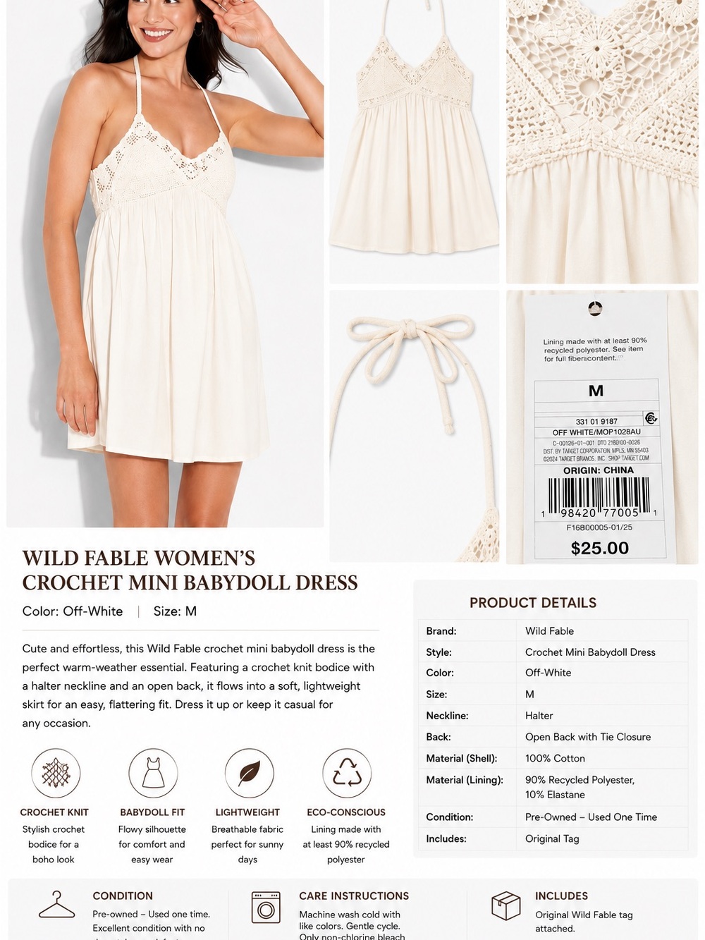 Wild Fable Off-White Crochet Halter Babydoll Dress